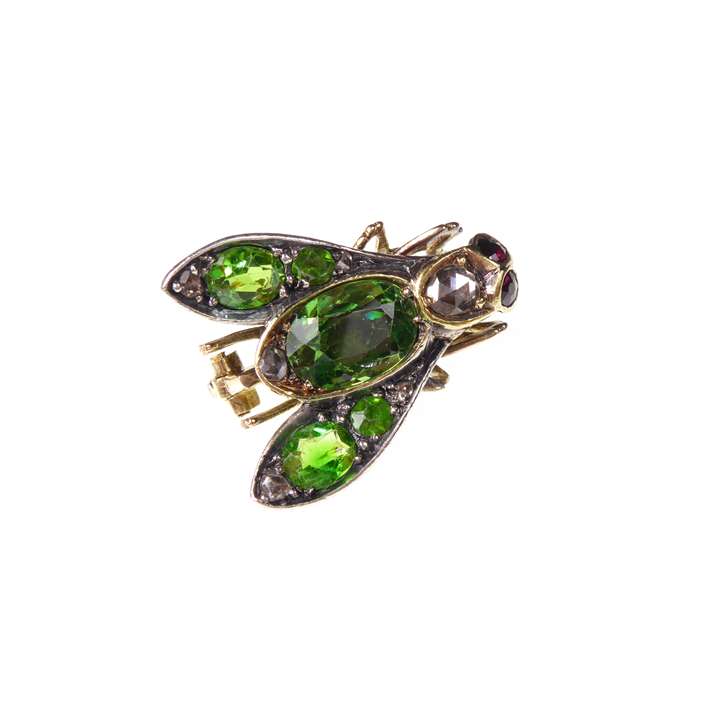 Demantoid garnet and diamond insect brooch as a stylised fly